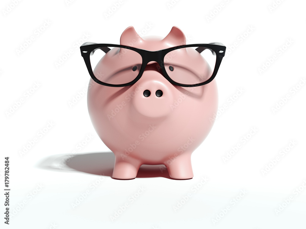 Pink piggy bank with clear glasses. 3d rendering Pink piggy bank with clear glasses. 3d rendering