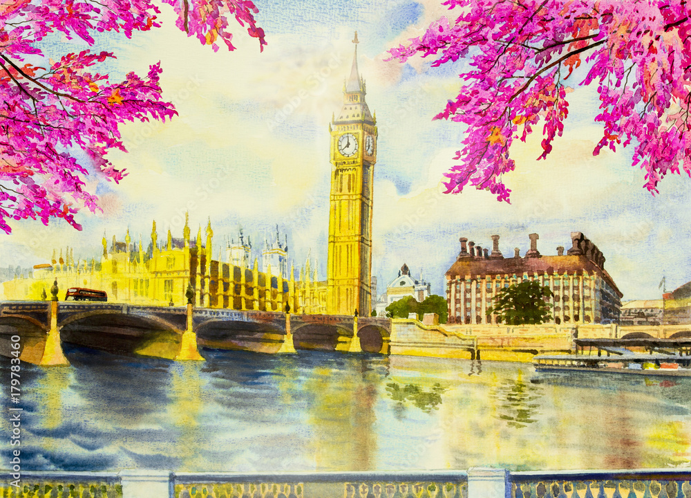 Obraz Akwarela malarstwo Big Ben Clock Tower i rzeki Tamizy