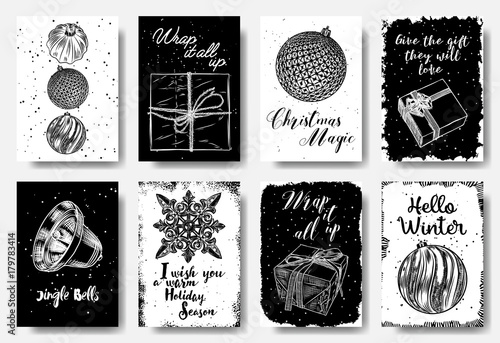 Modern and classic creative Christmas cards in black and white. Wrap it all up, Christmas Magic, Give the gifts they will love, Jingle Bells, I wish you a warm Holiday Season, Hello winter. Vector