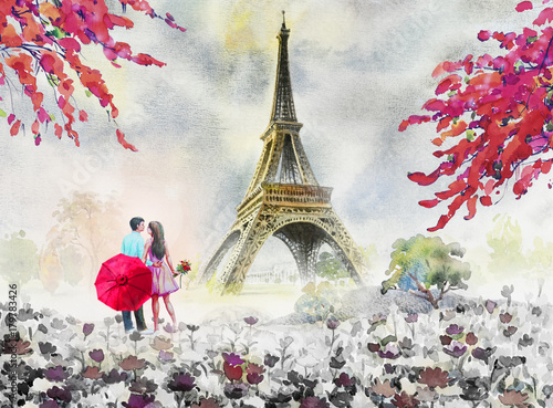 Fototapeta Naklejka Na Ścianę i Meble -  Paris european city landscape. France, eiffel tower and couple lovers
