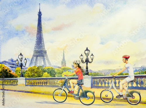 France, eiffel tower and couple young boys, woman © Painterstock