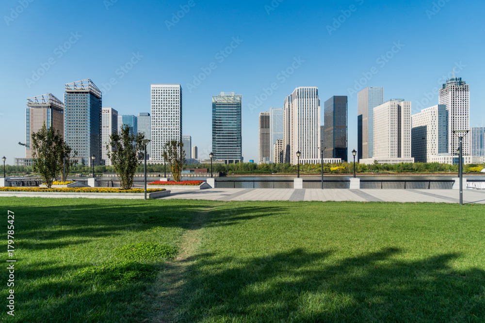 green lawn with city skyline background