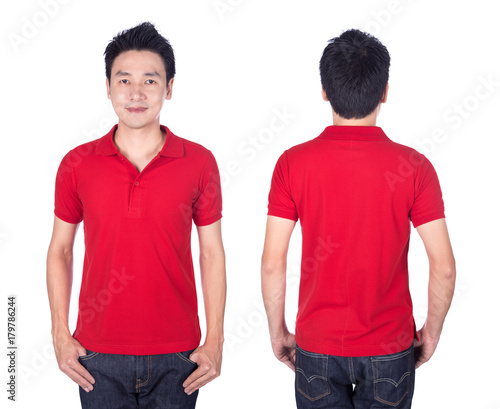man with red polo shirt on white background