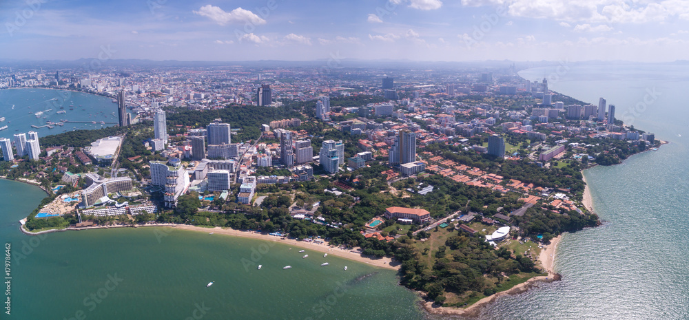 Royal Cliff Beach, Jomtien And Pattaya Bay, Thailand, High Aerial Drone Panorama