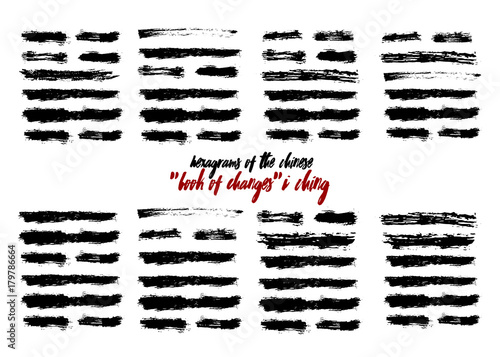 I Ching hexagram, China book changes. Grunge brush texture drawn iching future prediction divination. Vector illustration asian trigram sign symbol astrology balance. Chinese calligraphy hieroglyph.