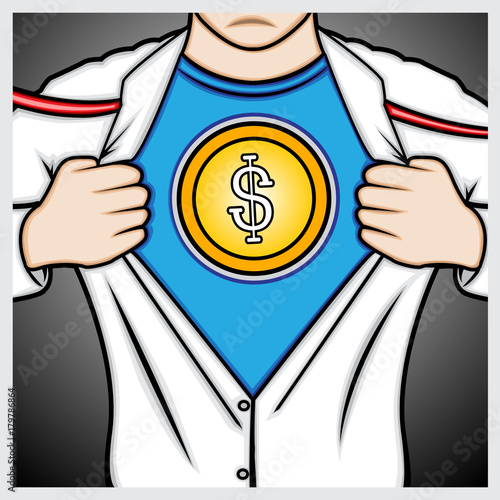  illustration of a man opening shirt to showing the US Dollar symbol