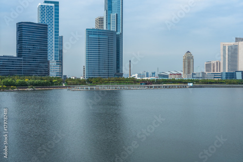 Tianjin city waterfront downtown skyline China.