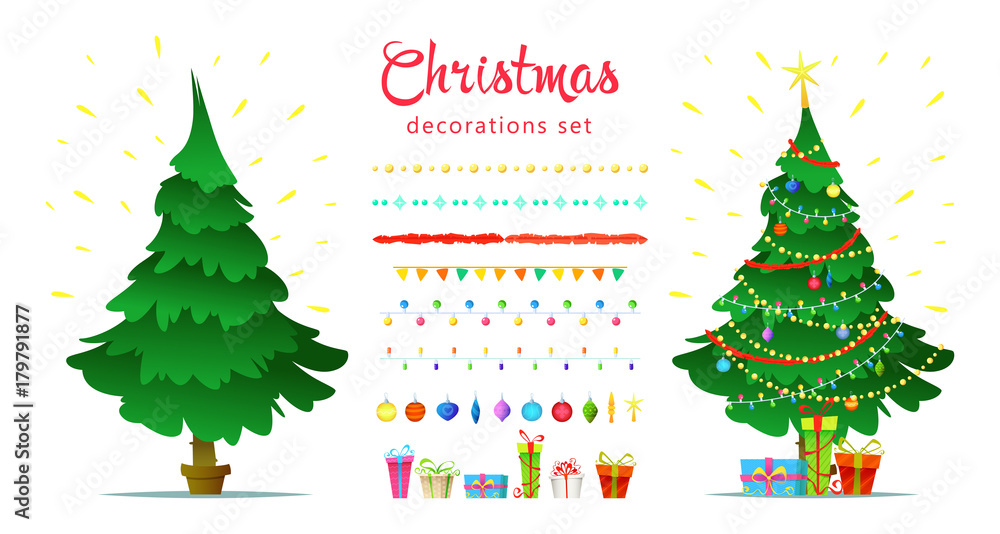 Christmas decoration set with isolated decorative winter objects - baubles, toys, gift boxes, garlands, christmas trees on white background. Flat style Christmas decoration set with isolated decorative winter objects - baubles, toys, gift boxes, garlands, christmas trees on white background. Flat style