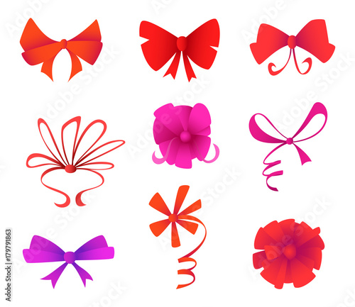 Set of different shapes gift bows with ribbons. Holidays and celebrations concept. Flat design