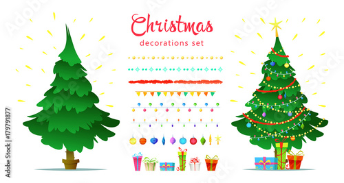 Christmas decoration set with isolated decorative winter objects - baubles, toys, gift boxes, garlands, christmas trees on white background. Flat style