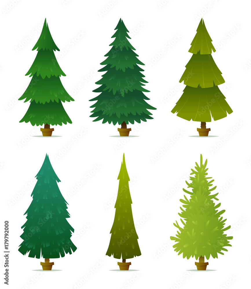 Christmas tree set. Collection of different forms, shapes of firs, spruce and pines. Flat style vector illustration. Christmas tree set. Collection of different forms, shapes of firs, spruce and pines. Flat style vector illustration.