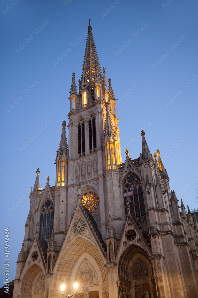 A view of Basilique Saint-Epvre bell tower in Nancy, France