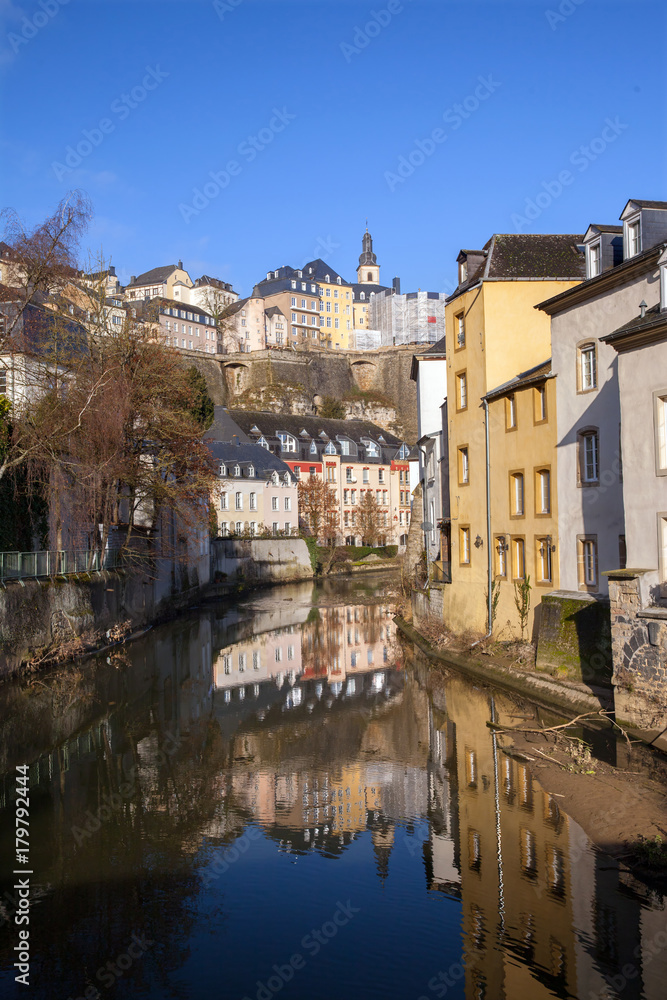 A view of old Luxembourg from bridge over Alzette river
