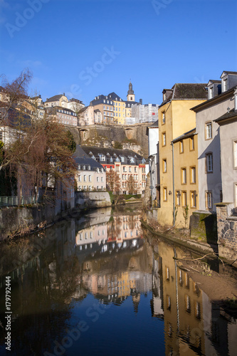 A view of old Luxembourg from bridge over Alzette river