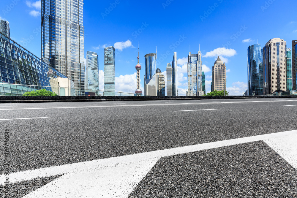 Shanghai Lujiazui financial district commercial buildings and asphalt road scenery,China