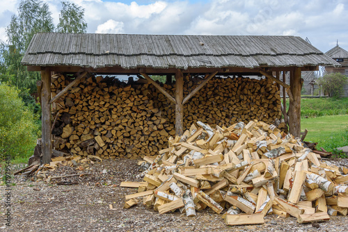 Pile of birch firewood outdoors in summer
