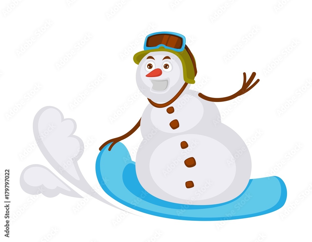 Snowman in helmet with protective glasses rides snowboard Snowman in helmet with protective glasses rides snowboard