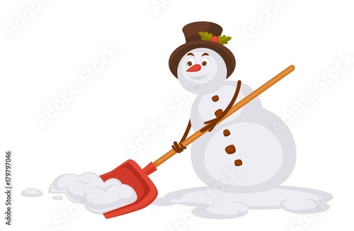Snowman in tall hat removes snow with spade