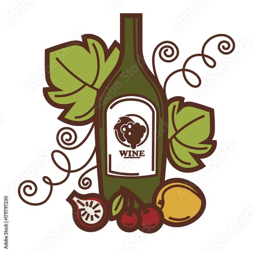 Wine glass and grape vine fruit harvest vector winemaking winery icon