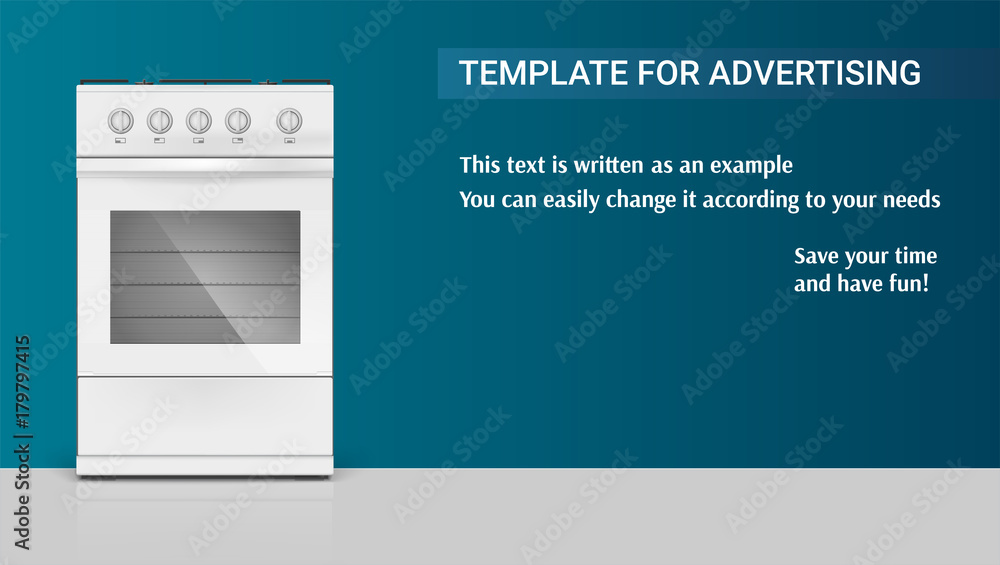 Template with gas stove with oven for advertisement on horizontal long backdrop, 3D illustration with the example of registration of the advertising message. Realistic white gas stove icon. Template with gas stove with oven for advertisement on horizontal long backdrop, 3D illustration with the example of registration of the advertising message. Realistic white gas stove icon.
