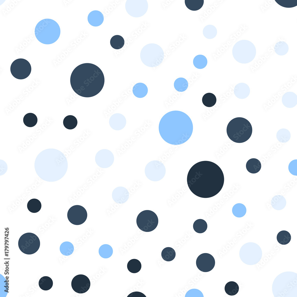 Colorful polka dots seamless pattern on black 15 background. Uncommon classic colorful polka dots textile pattern. Seamless scattered confetti fall chaotic decor. Abstract vector illustration.