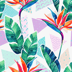 Fototapete Tropische Paradiesblumen-Muster Tropenblüten Aquarell mit geometrischen Doodles  © Tanya Syrytsyna