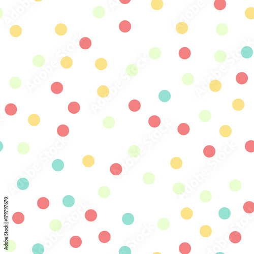 Colorful polka dots seamless pattern on white 16 background. Alluring classic colorful polka dots textile pattern. Seamless scattered confetti fall chaotic decor. Abstract vector illustration.
