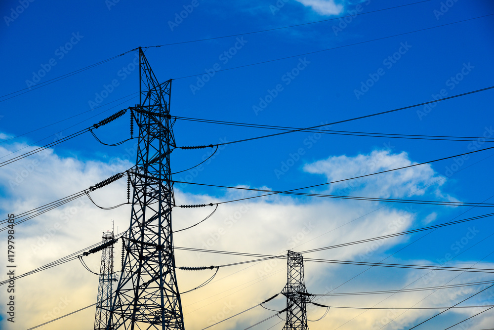 electricity transmission and blue sky at dusk , Power Tower  at bangkok in thailand