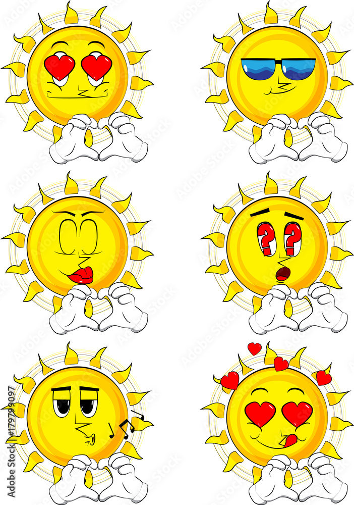 Cartoon sun with heart shape hand gesture. Collection with various facial expressions. Vector set.