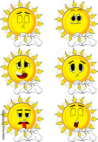 Cartoon sun with heart shape hand gesture. Collection with sad faces. Expressions vector set.