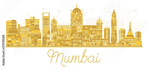 Mumbai India City skyline golden silhouette.