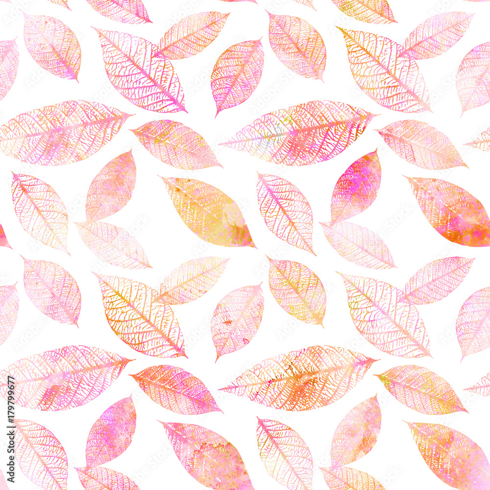 Seamless background pattern of pink toned watercolor leaves