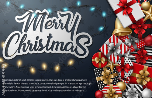 Merry christmas typographical with different gift box and christmas elements on black background