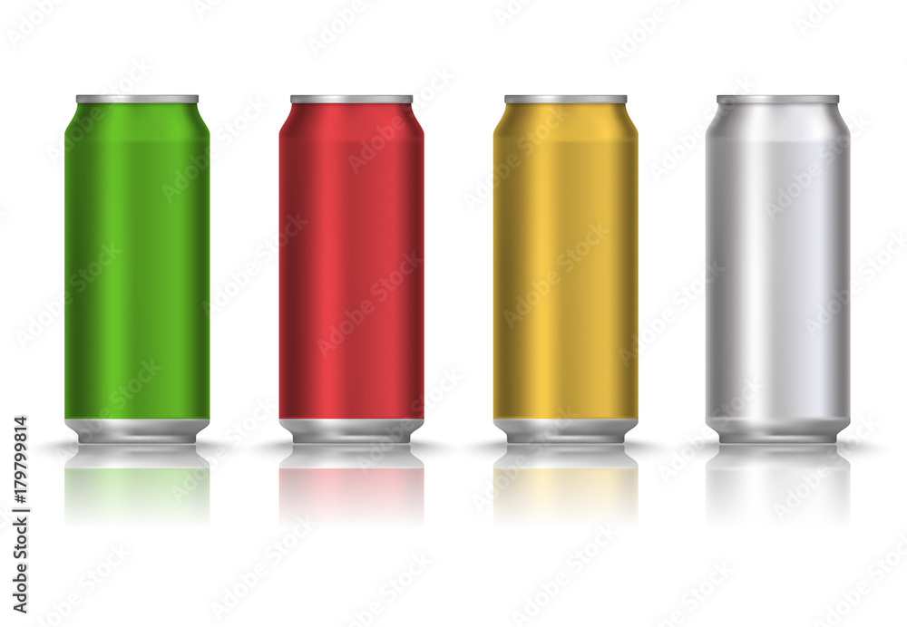 Realistic Green, red, yellow and white beer can or tin with drink isolated on a white background. Vector illustration. Mock up template blank for product packing advertisement. Realistic Green, red, yellow and white beer can or tin with drink isolated on a white background. Vector illustration. Mock up template blank for product packing advertisement.