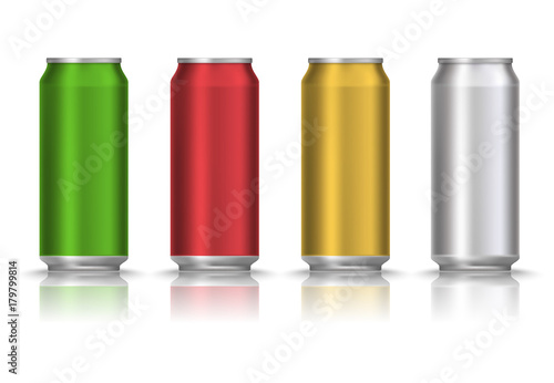 Realistic Green, red, yellow and white beer can or tin with drink isolated on a white background. Vector illustration. Mock up template blank for product packing advertisement.