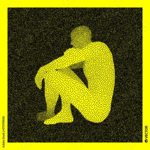 Sitting man. 3D Human Body Model. Black and yellow grainy design. Stippled vector illustration.