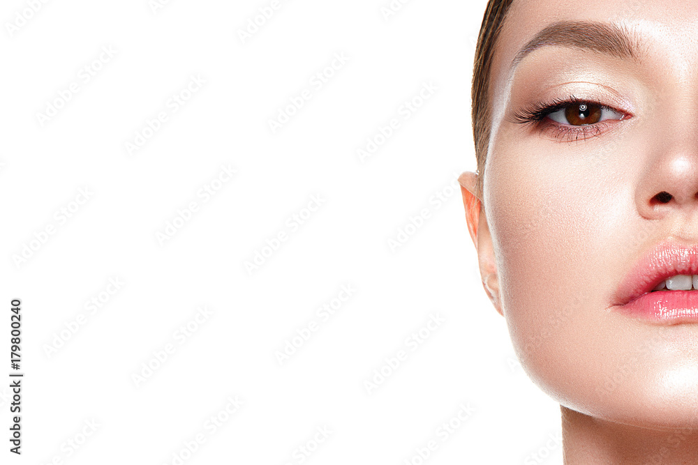 Fototapeta premium Beautiful woman portrait with fresh clear nude make up, healthy skin, skin care.