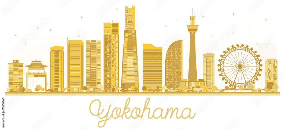 Yokohama Japan City skyline golden silhouette.
