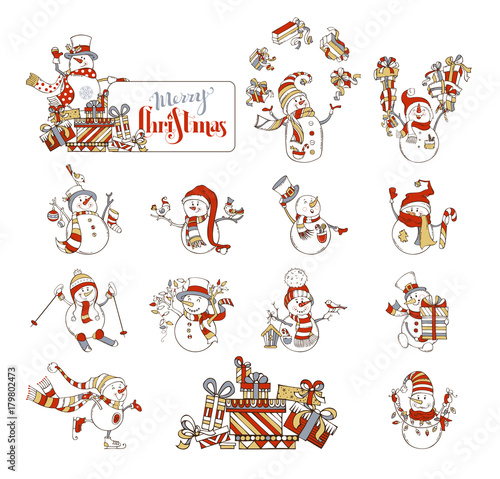 Vector set of cute cartoon snowmen.