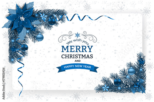 Christmas And New Year Greeting Card.Decorative Christmas festive background with Christmas flowers, balls stars and ribbons.