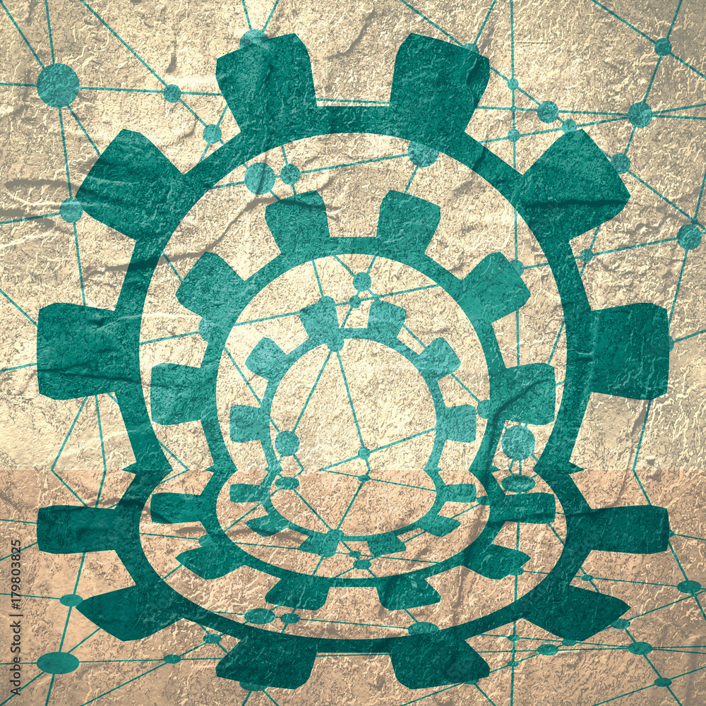 Molecule and communication background. Modern brochure or report design template. Gears symmetry. Connected lines with dots. Medical, technology, chemistry, science background