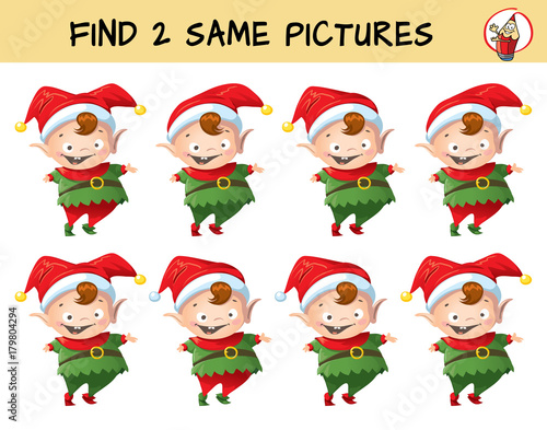 Funny Christmas elf. Find two same pictures. Educational matching game for children. Cartoon vector illustration