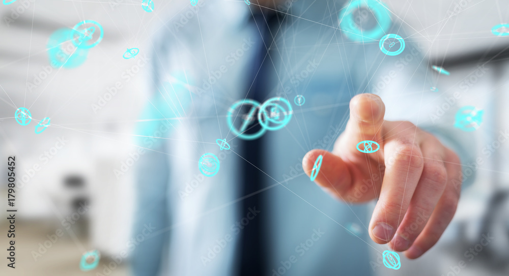 Businessman using flying network connection interface 3D rendering Businessman using flying network connection interface 3D rendering