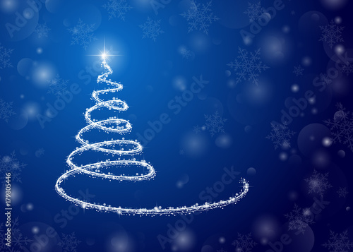 Christmas background, a glowing tree on blue. For posters, postcards, greeting, decoration on new year and Christmas.