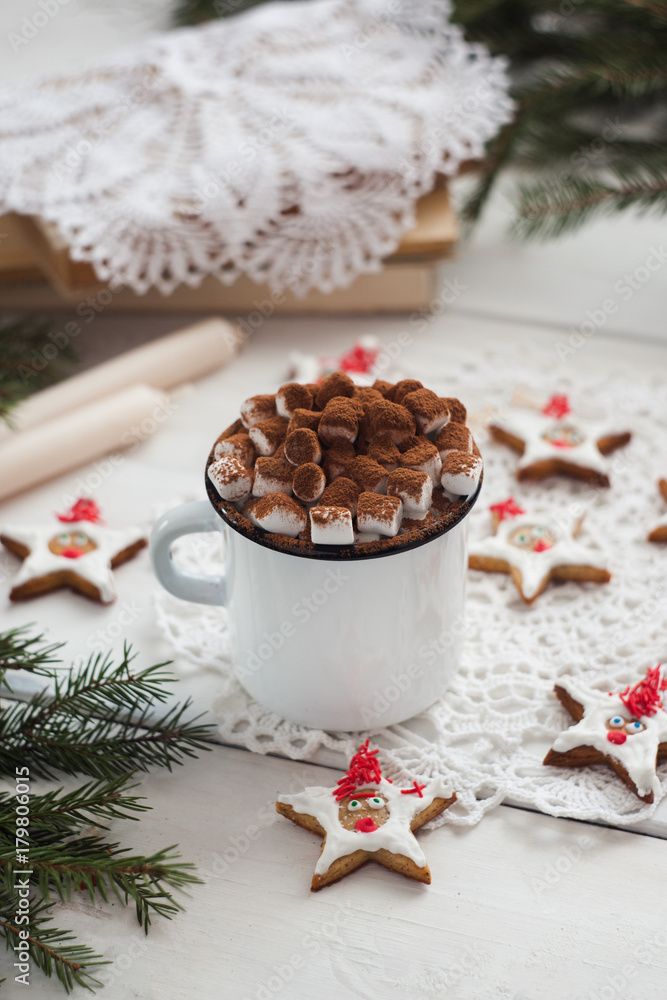 Happy New Year greeting card, hot drink with marshmallow and festive cookies Happy New Year greeting card, hot drink with marshmallow and festive cookies