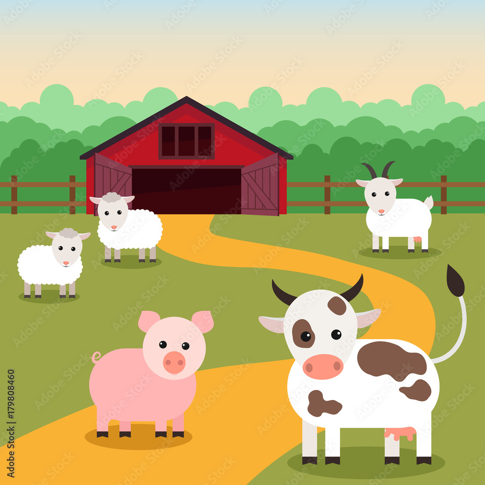 Obraz premium Cattle grazing near a farm, flat vector illustration.