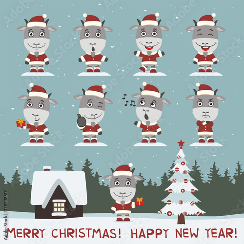Merry christmas and happy new year! Vector set of goat in different poses on background snow. Collection of little goat in cartoon style for christmas design. © coolpay