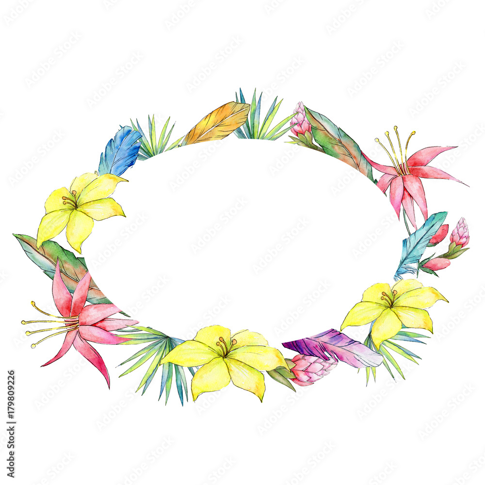 Tropical plants wreath in a watercolor style. Aquarelle wild flower for background, texture, wrapper pattern, frame or border. Tropical plants wreath in a watercolor style. Aquarelle wild flower for background, texture, wrapper pattern, frame or border.