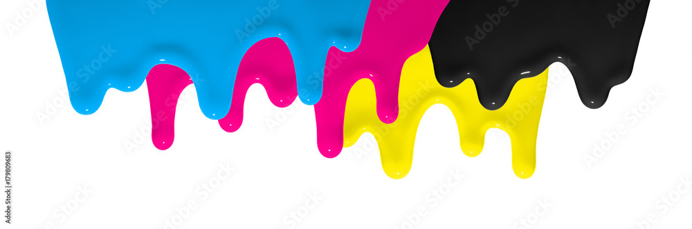 CMYK Farbe fließt herunter als Symbol für Gestaltung und Kreativität im Design CMYK Farbe fließt herunter als Symbol für Gestaltung und Kreativität im Design