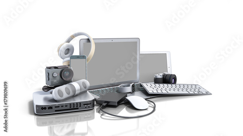 collection of consumer electronics 3D render on white background photo